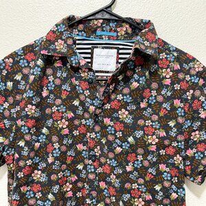 Denim & Flowers men's button down untuck short sleeve blue floral top, SMALL